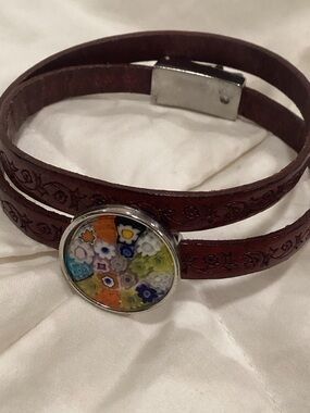 Murano meets  Leather Wrap Bracelet W  Millefiori Glass accent